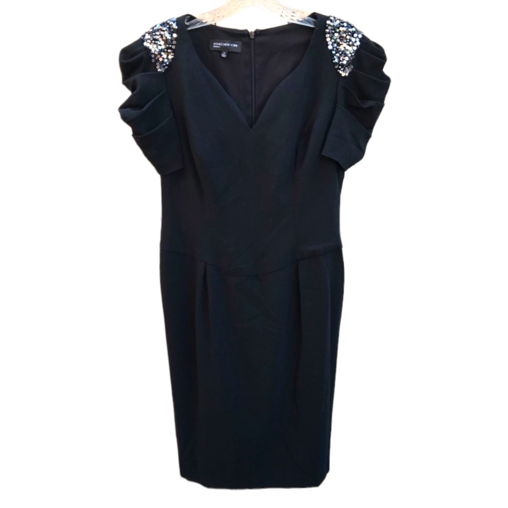 Jones New York Black Beaded Sequin Pleated Sleeve Dress Size 8